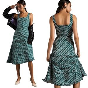 NWT Anthropologie Blythe Tiered Green Floral Dress Midi Smock Square Neck Size L